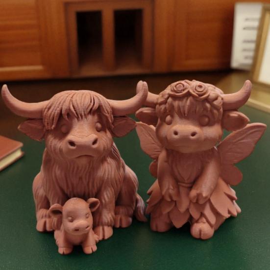 Rustic Highland Cow Ornament, Terracotta Color 3D Printed Cow Statue, Cute Highland Cow Figurine for Home Desk Shelf Farmhouse Decor