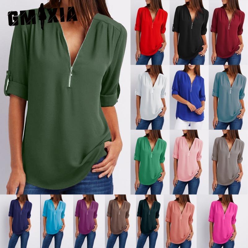 

Жіночі модні повсякденні одноколірні блузки та сорочки з довгим рукавом і V-подібним вирізом із принтом GMXIA S рожевий