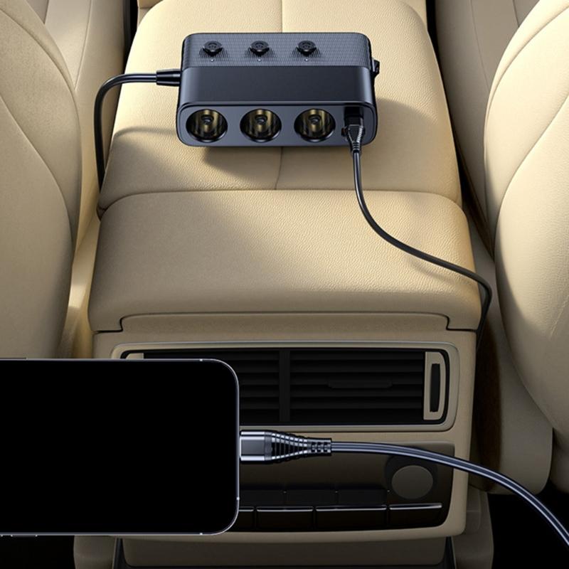 128W Car ChargerAdapter 3 Socket Splitter Charge 4 USB Ports Voltage Display with Independent Switches for Phone Tablet