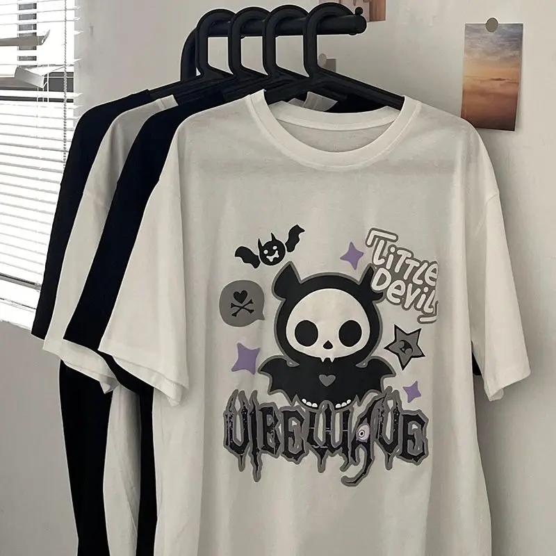 

Новая женская футболка Харадзюку Y2K Топ Ретро Корейский Каваии Летучая мышь Демон Панк Готика Череп Принт Мужская одежда Летние Крутые Приталенные Футболки 4XL
