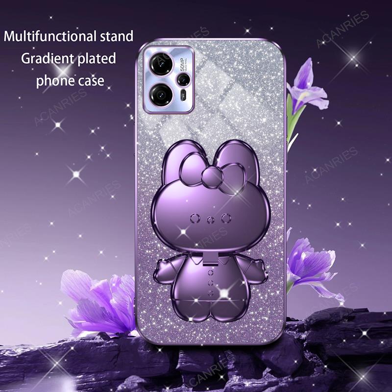 Cute 3D Rabbit Makeup Mirror Stand Plating Case For Motorola Moto G13 G23 G53 G72 G73 E13 E20 E22 E32 E6s E7 Plus Protect Cover