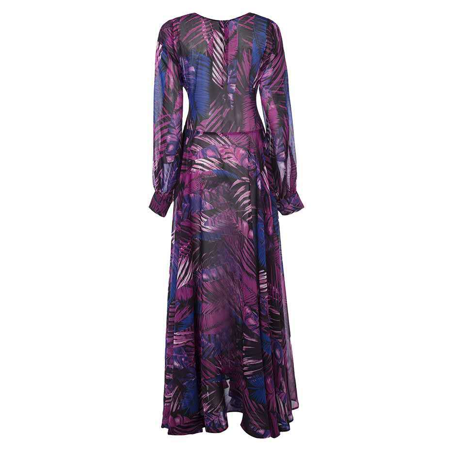 1011 Frühling und Sommer Neu Europäisches und Amerikanisches Damenkleid V-Ausschnitt Laternenärmel Rotes Blattmuster Langes Kleid, Weit schwingendes Kleid