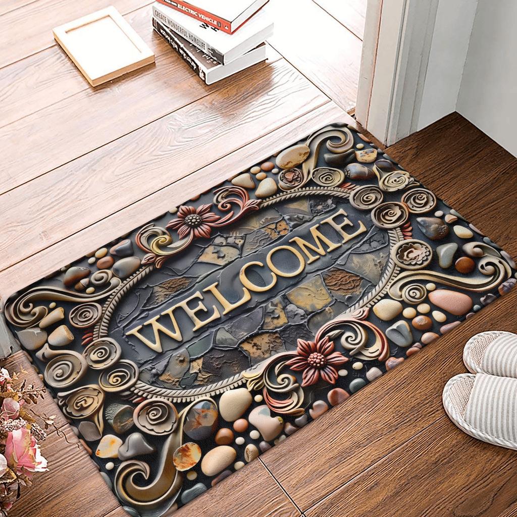 Floral And Letter Graphic Front Door Mat Anti-Slip Indoor Absorbent  Doormat Living Room  Entrance Rug Carpet