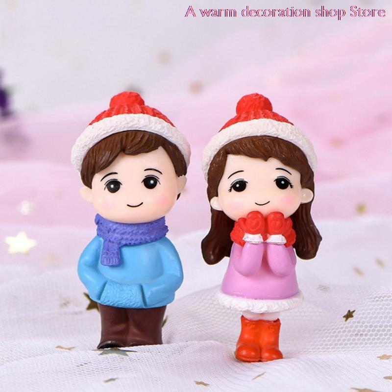 1pair Winter Dress Lovers Boy Girl Studendt People Doll Toy Model Statue Figurine Ornament Miniatures Home Decor