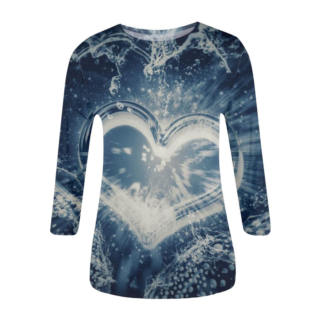 Women's Fashion Print Casual Seventh Sleeve Round Neck T-Shirt Top