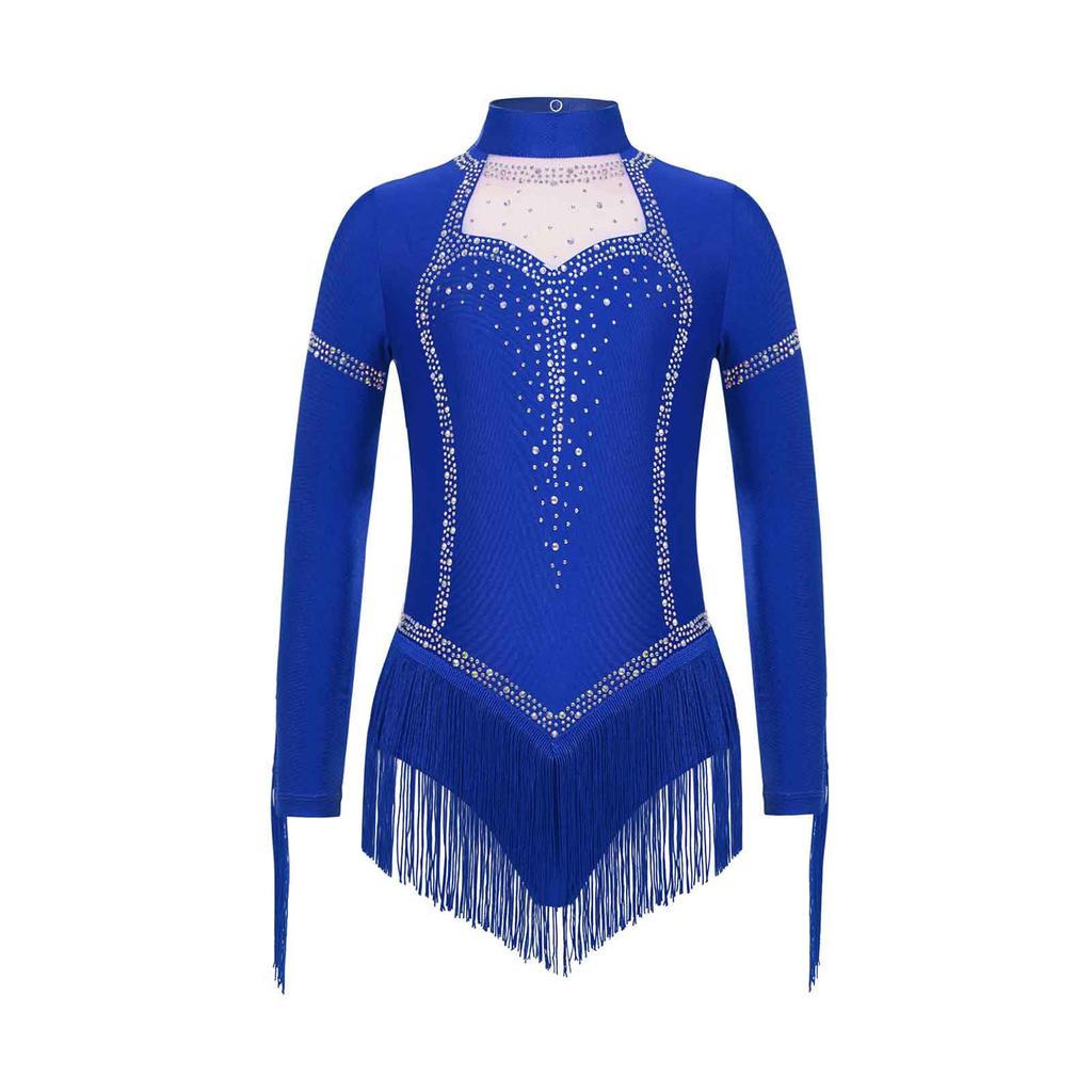 Girls Fringe Latin Dance Costume Mock Neck Long Sleeve Keyhole Back Shiny Rhinestones Tassels Leotard
