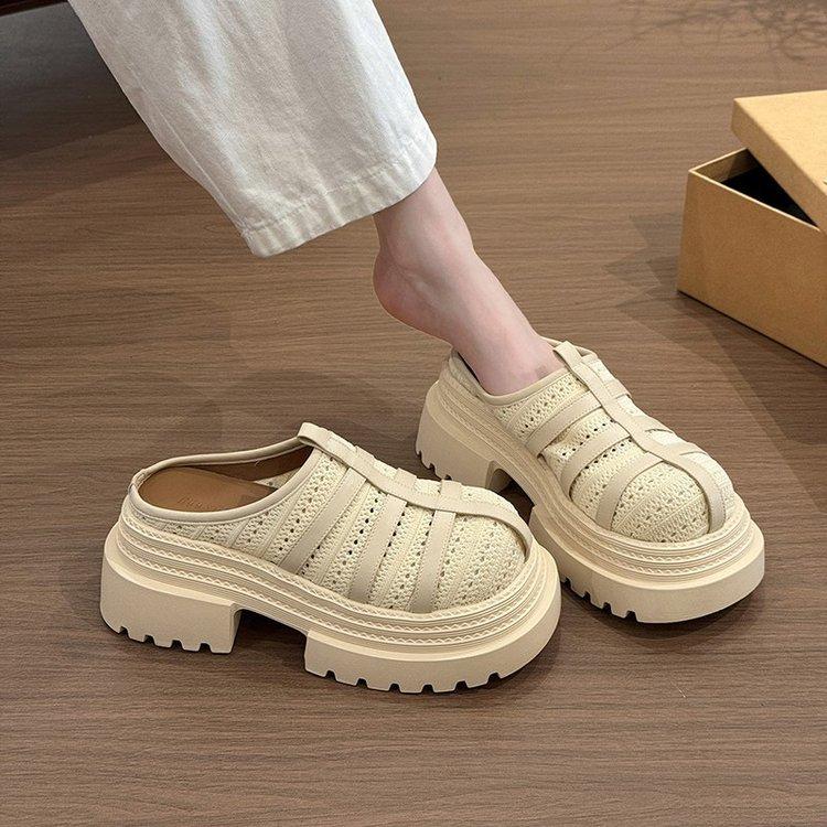 Retro Simple One-pedal Cool Slippers Women's 2025 Summer New Outer Wear Weaving Hollow Small Height-increasing Slippers