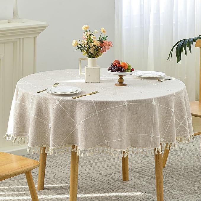 Lattice Embroidery Round Tablecloth Cotton Linen with Tassel for Kitchen Dining Party Tabletop Picnic Wedding Decor Table Cover