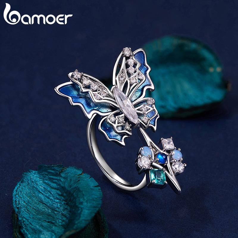 BAMOER White Gold Plated Ice & Snow Butterfly Ring with Blue Enamel, Adjustable Statement Ring for Women Unique Original Design