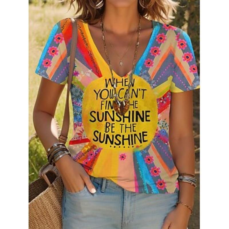 

Women s T Shirt Floral Stylish Casual Short Sleeve V Neck Regular Tops Daily Print Wine Blue Purple Rainbow Beige Summer 2XL