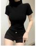 Korean Dongdaemun Elegant Slim-Fit Sheer High Neck Short Sleeve T-Shirt for Women