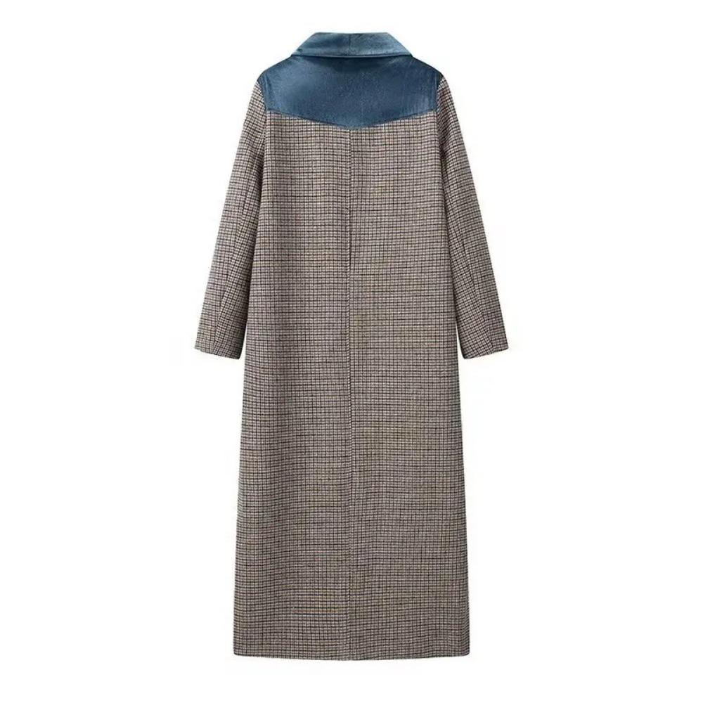 Plus Size Women's Clothing Autumn and Winter Woolen Coat Long Coat with Blue Velvet Stitching on The Shoulders and Collar Coat