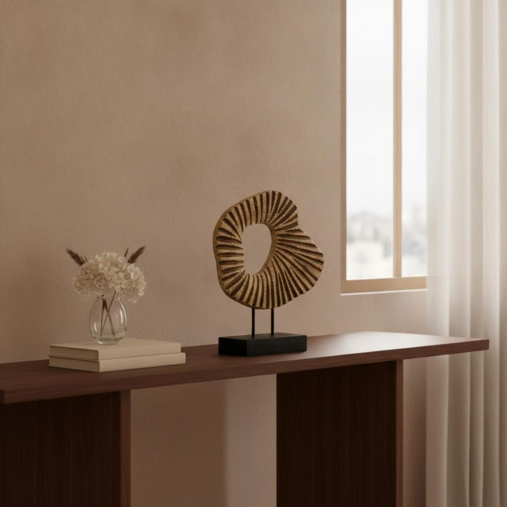 Resin Circular Form Sculpture WoodLook Abstract with Base Carved Statue Ebony