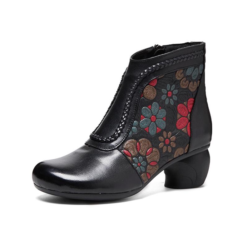 Women's Shoes Autumn and Winter New Cowhide Boots Velvet Warm Cotton Shoes Women's Thick Heel Soft Sole Non-slip Short Boots