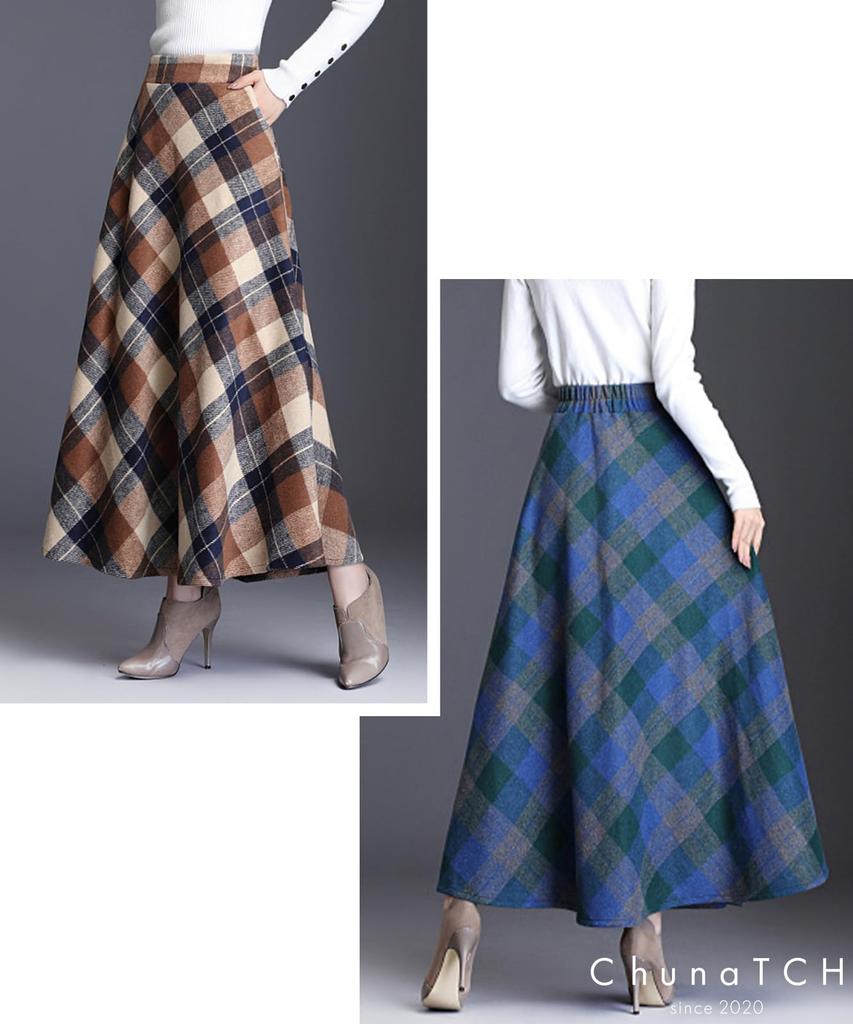 Chunachi Long Flared with Sizes Skirt, Checkered, Retro, A-Line, Skirt, Thick, Pockets, Autumn/Winter, Women's, Cute, Slimming, Stylish, Casual,