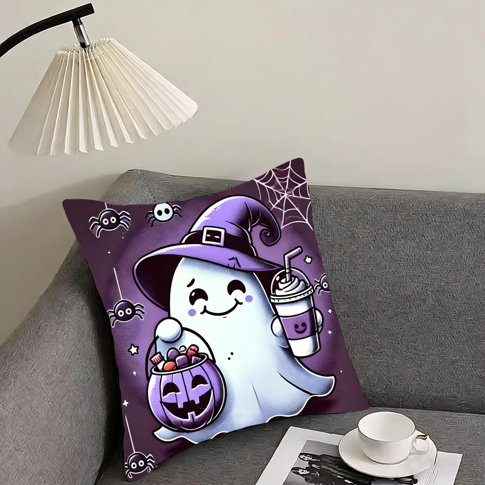Cute Ghost with Pumpkin Cushion Cover Reversible Plush Pillow Cover – For car, sofa, bedroom, perfect as a gift.