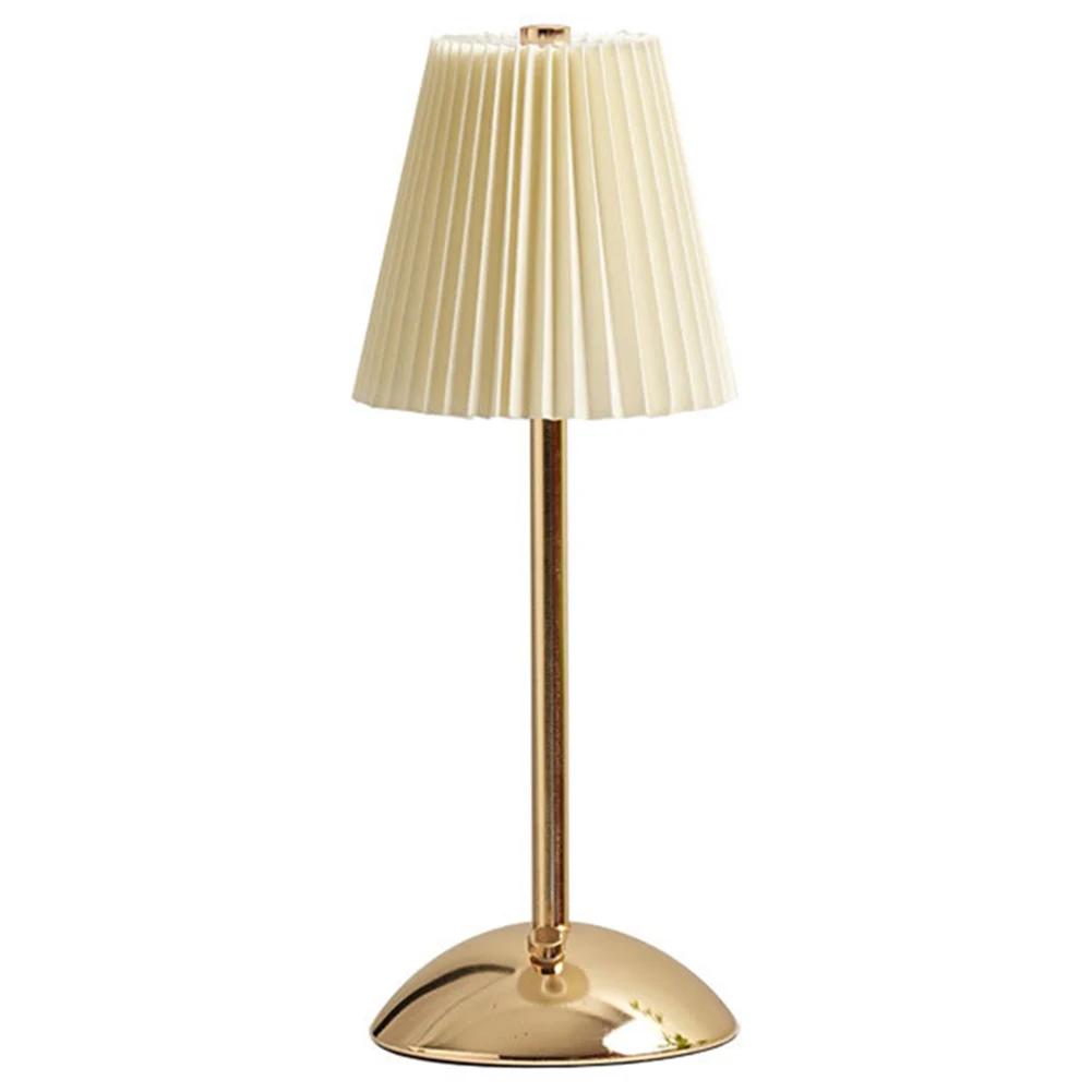 Pleated Shade Warm Night Light with Metal Base Nordic Decorative Light Rechargeable 3 Colors Dimmable for Living Room Bedroom