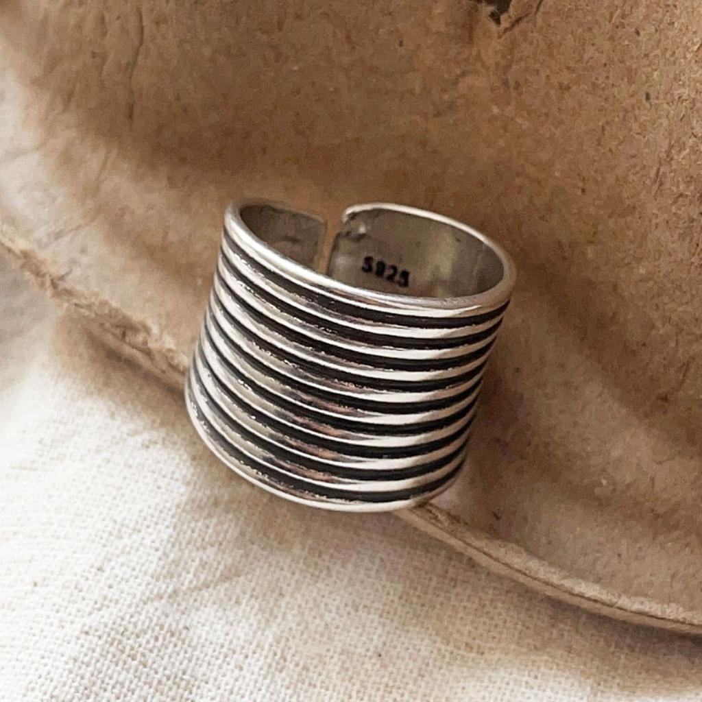 925 Sterling Silver Rings For Women Geometric Fine Jewelry Finger Adjustable Vintage Wide Strip Ring For Party Birthday Gift