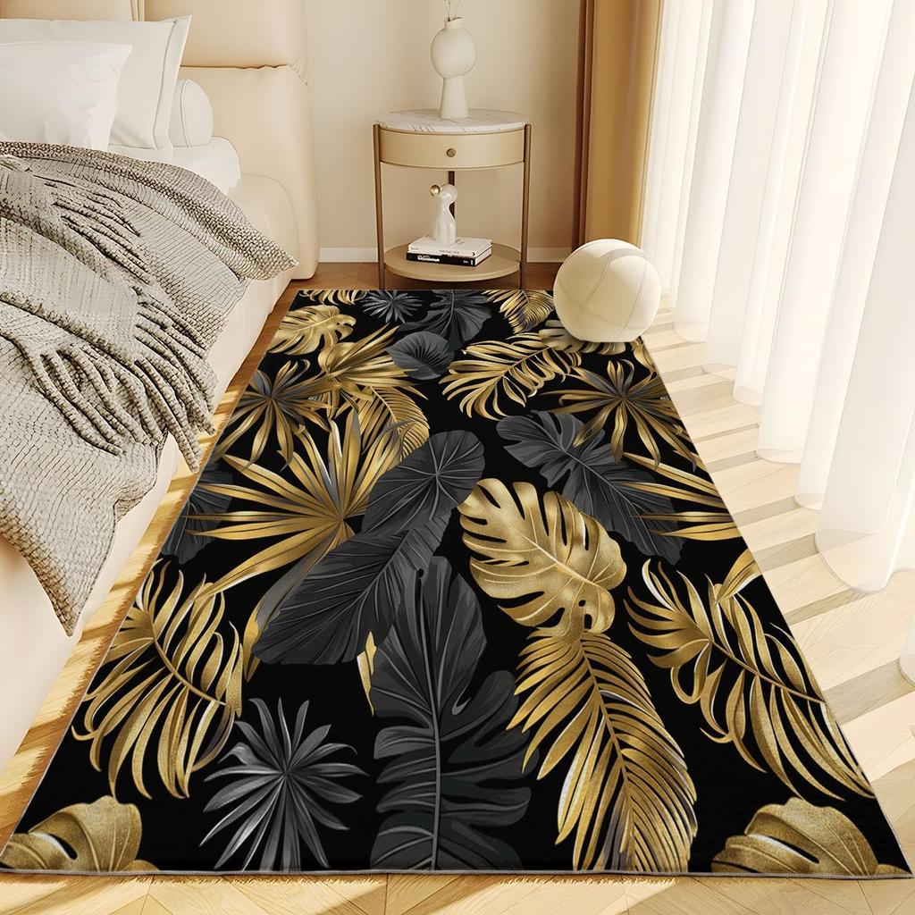 Abstrakt Schwarz Gold Pflanze Blatt Teppich Kunstdruck Design Teppiche für Schlafzimmer Nachttisch Rutschfest Zuhause Sofa Couchtisch Dekor Fußmatte