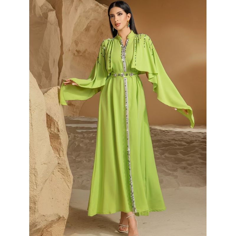 New Middle East Dubai Shawl Half-high Collar Handmade Seam Drill Dress Hand Sewn Diamond Dress