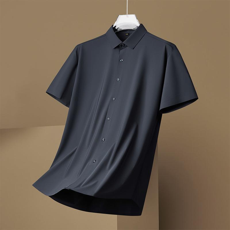 Fat Guy Plus Size Men's Summer New Short-sleeved Shirt, Fat Guy Plus Fat Plus Solid Color Elastic Ice Silk Casual Shirt