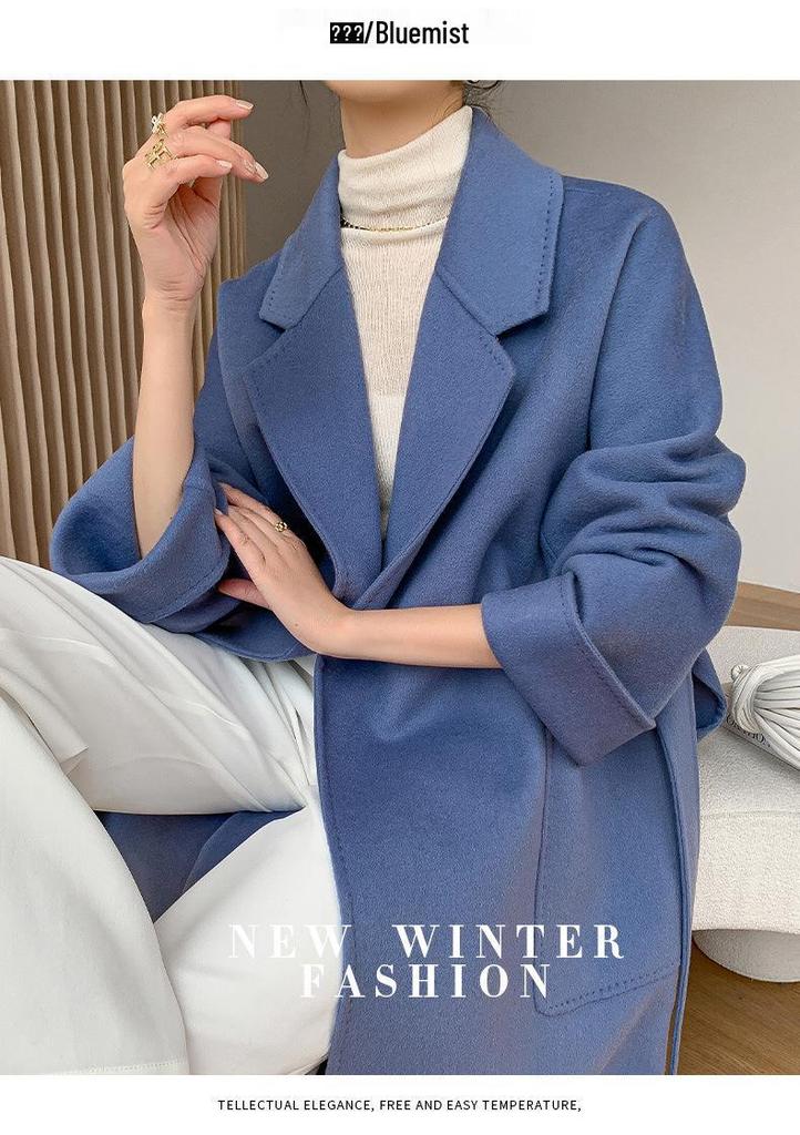 Women's Double-Sided Wool Coat: Long, Thickened, Solid Color with Belted Waist and Long Sleeves for Autumn/Winter.