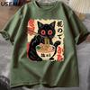 Vintage Japanese Black Cat Ramen T Shirts Cute Graphic Tee Funny Cat Eating Ramen T-Shirt Printing Cotton Short Sleeve Vintage