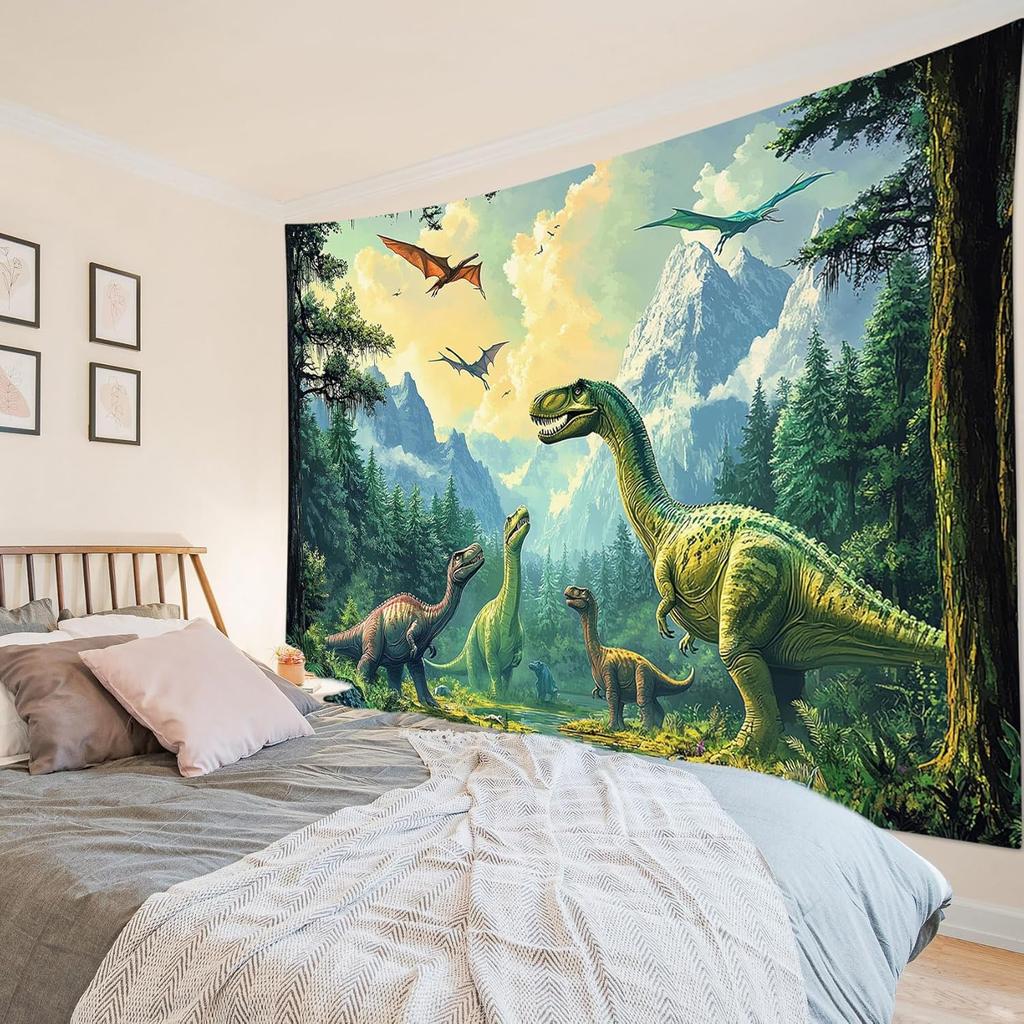 Dinosaur Tapestry for Bedroom, Ancient Wild Animal Dinosaur In Green Forest Tapestry Wall Hanging Mountain Nature Landscap