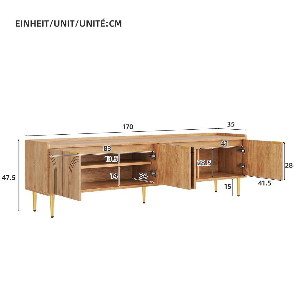Mobile TV, mobile basso con anta strutturata, mobile TV, maniglie dorate e piedini dorati, 170 L x 35 P x 47,5 A (centimetro)