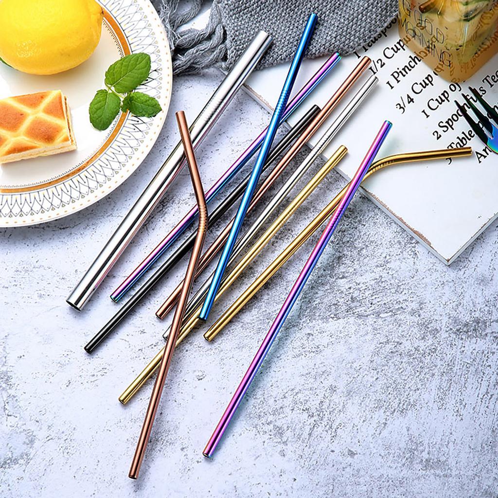 4 Straight Reusable Drinking Straws Metal Stainless Steel Eco-Friendly 10.5in, With 1 Cleaning Brush