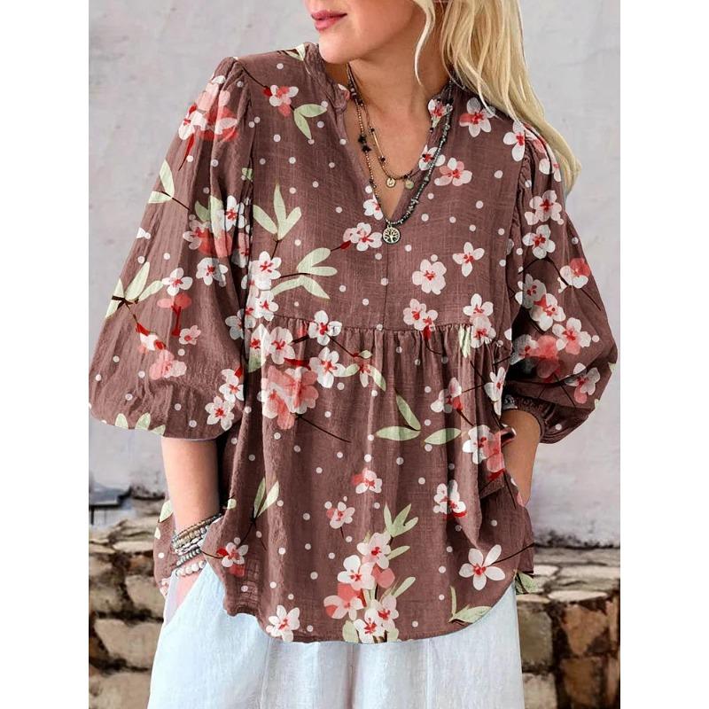 

Summer Blouses Women s Printed V Neck Puff Sleeve Tops Casual Shirt Elegant Fashion Print Suitable Everyday Shirts S темно-коричневого кольору