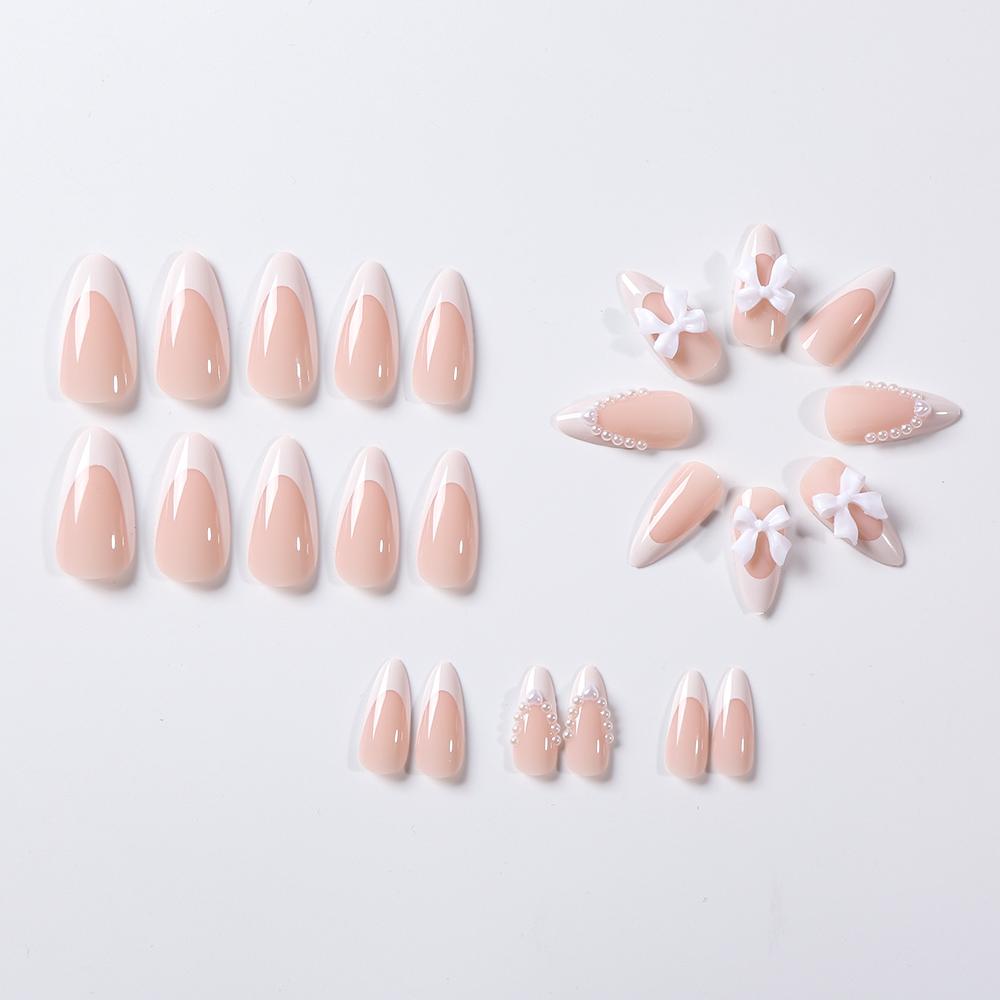 24Pcs Bow Pearl Press on Fake Nails Nude Pink Almond French Stick on False Nail Korean Sweet Girls Wearable Press