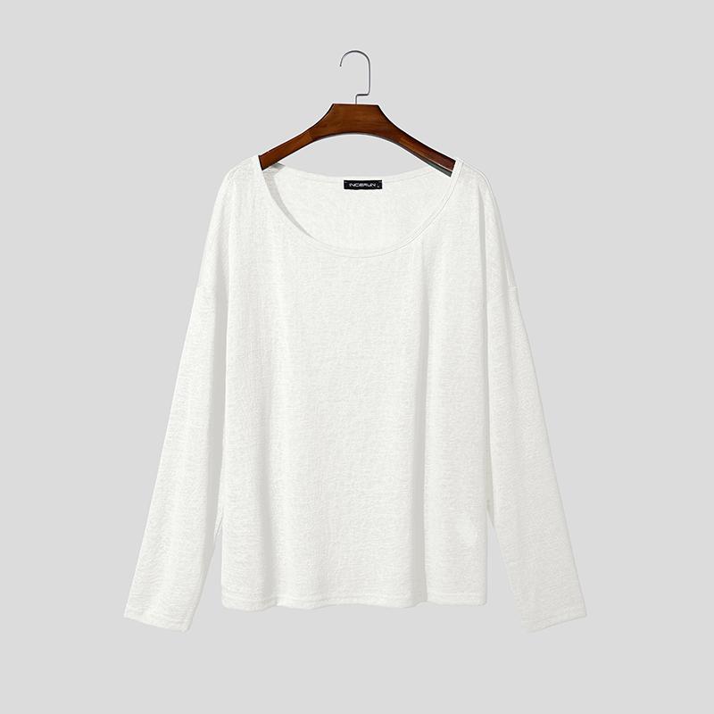 INCERUN Herren U-Boot-Ausschnitt Langarm Leicht Casual Oversized Halbtransparent Oberteile T-Shirts