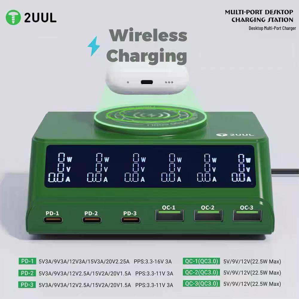 2UUL Multi-Port Desktop Charger | Fast Charging for Apple iP17, Android | PD3.0 & QC3.0 Supported | Wireless Charging