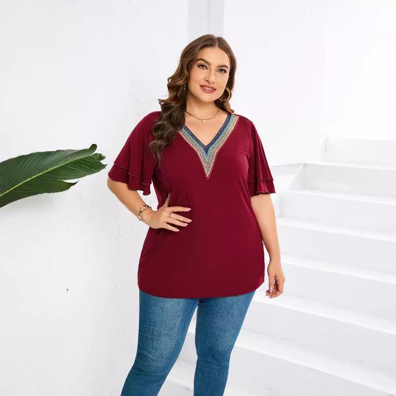 Womens Plus Size Lace Trim Blouse V Neck Ruffle Short Sleeve Casual Loose Top L красный