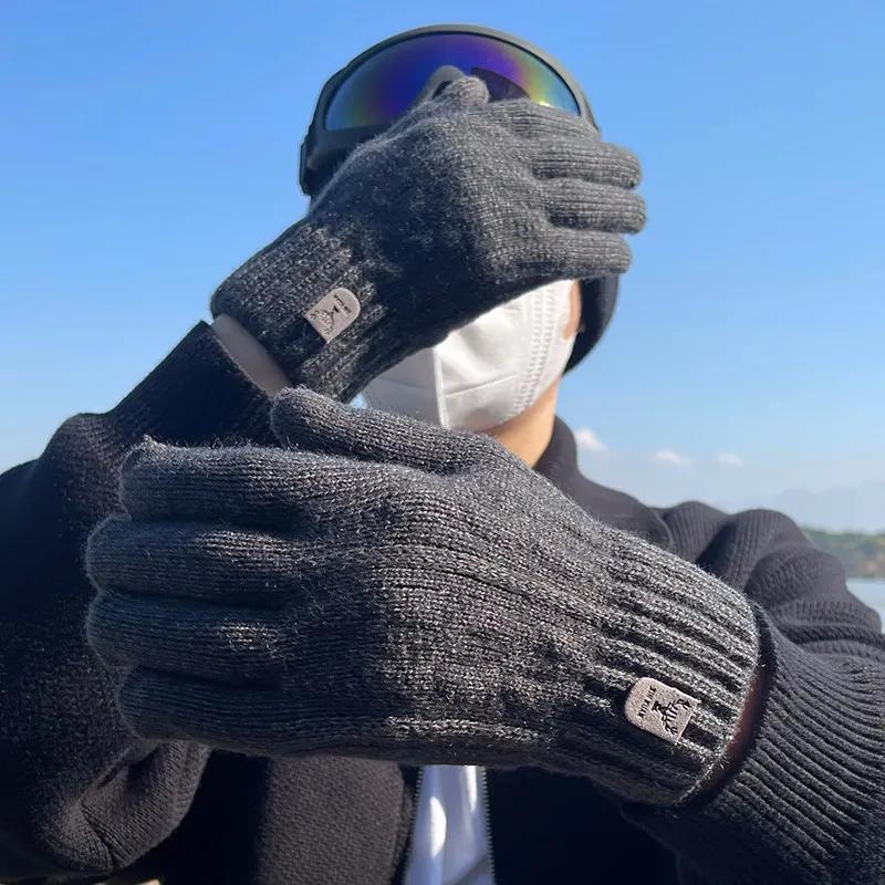 WTEMPO 1 Pair Cold-proof Windproof Solid Color Warm Knitted Full Finger Gloves Autumn Winter Outdoor Cycling Touch Screen Woolen Gloves