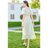 Goddess style French square collar printed waist cinching slimming and high-end pearl chain dress