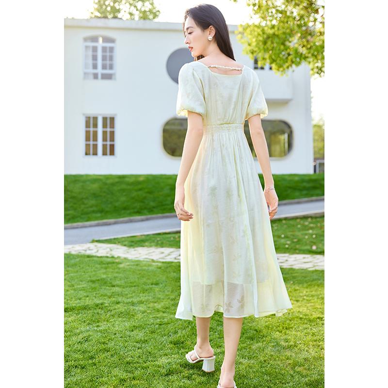 Goddess style French square collar printed waist cinching slimming and high-end pearl chain dress