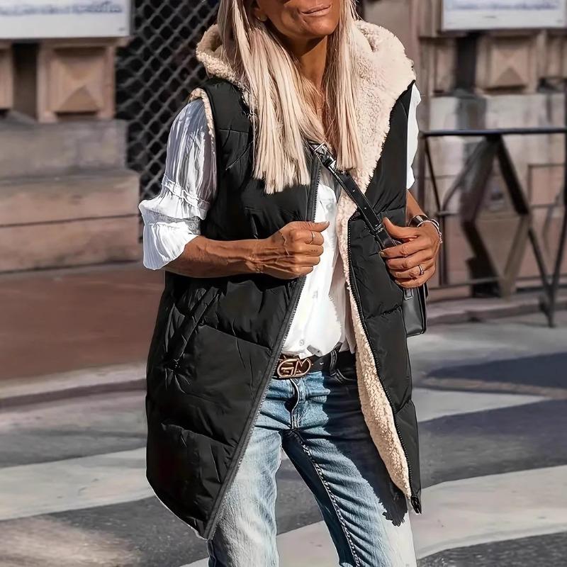 Solid color hooded cotton-padded vest double-sided wear slim-fit temperament cardigan jacket top