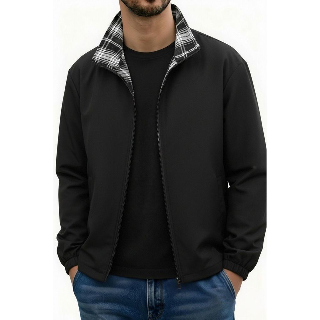 Men's Reversible Plaid Jacket with Stand Collar for Casual Wear