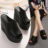 Fashion FHC14cm High Heels Wedges Sandals,Summer Shoe,Platforms Slides,Peep Toe Slippers,Microfiber Leather Slip On,Black,White,Dropship