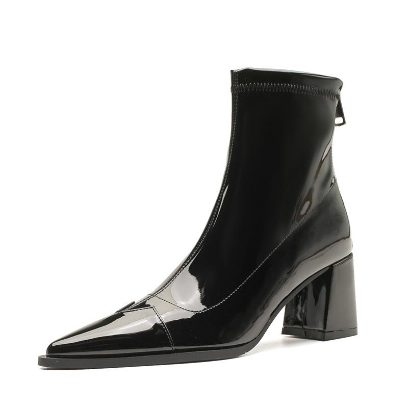 Winter Lackleder Reißverschluss hinten rutschfeste Damen vielseitige Stiefel zeigen Füße, kleine hohe Absätze, dicke Absätze, spitze Stiefeletten, weich und leicht custo