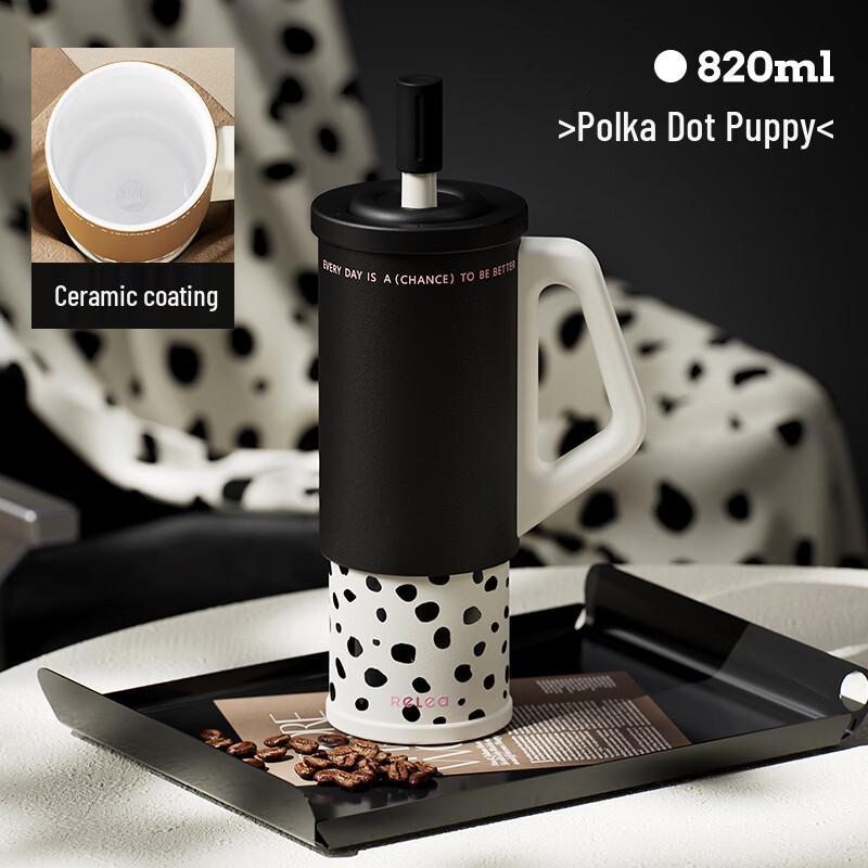 RELEA Polka Dot Dog Ceramic-Lined Insulated Straw Mug