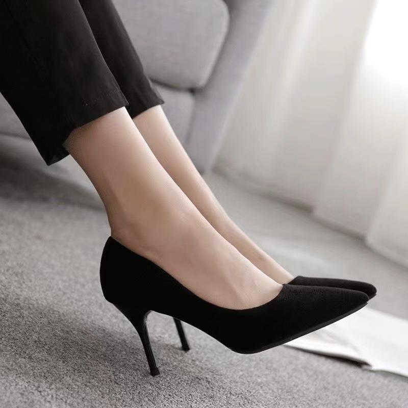 -4 large size high heels women's spring and autumn new black thin heel pointed light mouth suede professional work shoes