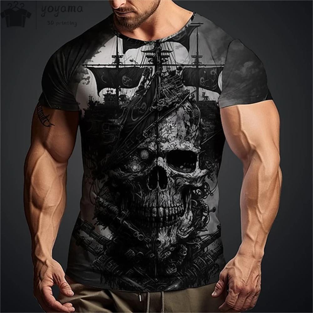Summer Round Neck 3D Vintage Horror Skull Pattern Print Top Fashionable Casual Short Sleeved Men's T-shirts