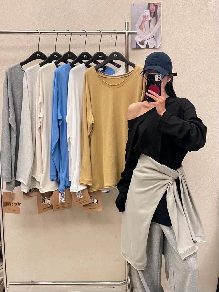 Da 7 Women's Spring Loose Plus Size Off-Shoulder U-Neck Long Sleeve T-Shirt