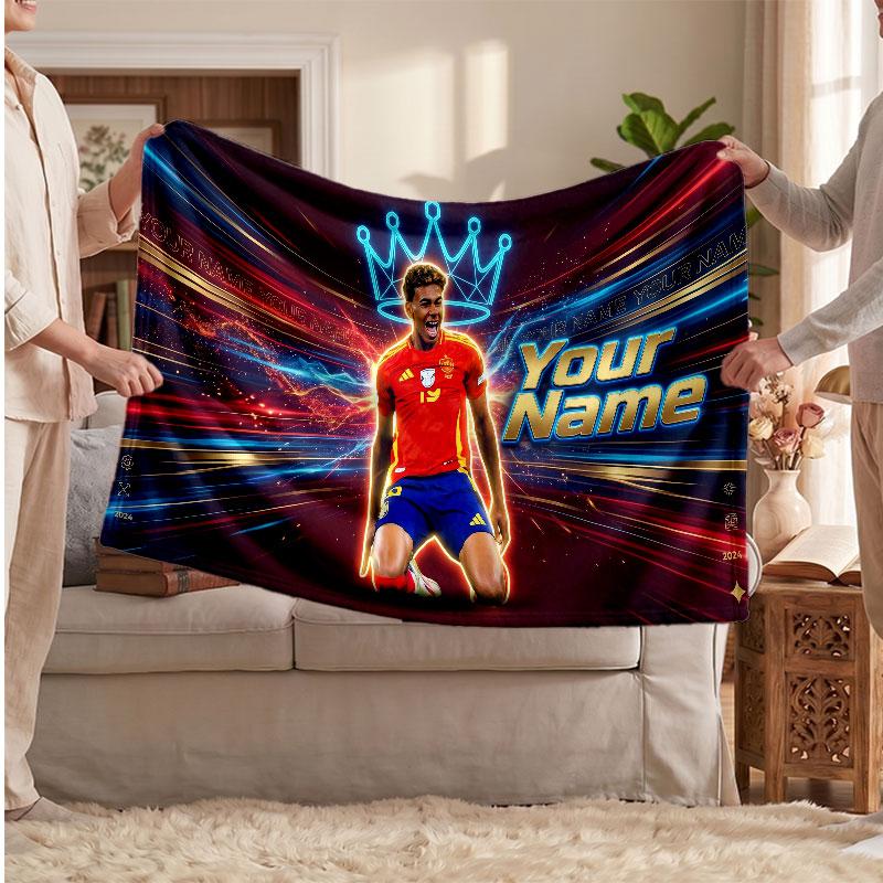 Coperta in pile personalizzata Lamine Yamal con logo del calcio, testo con nome personalizzato, morbida, calda, coperta da divano per la casa