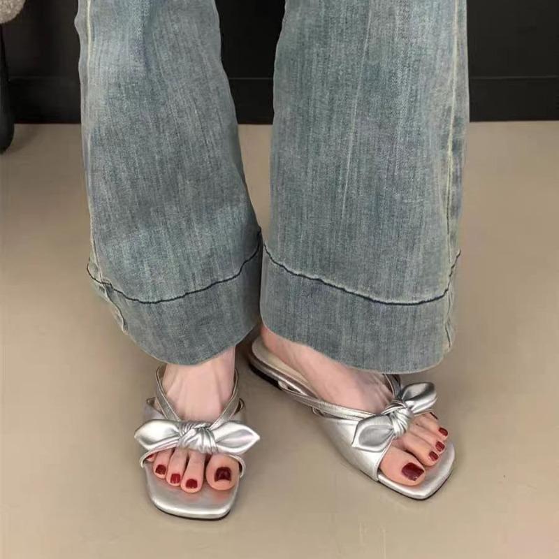 Fashion Butterfly Knot Low Heel Slippers Summer New Square Head Open-toe Line with Soft Soles Anti-slip Wear-resistant Flat Shoes