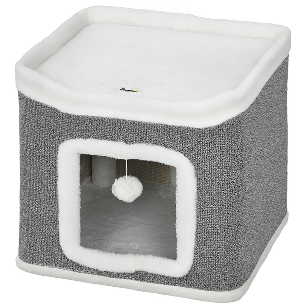 Cat House for Indoor Kittens, 2-Level Cat Cave Bed with Fluffy Balls, Top Bed, Kitten Barrel for Multi Kitties, Grey