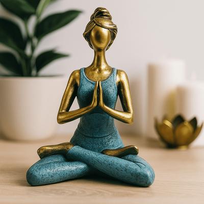 Yoga Lady Figurine Bronze and Turquoise 24 Cm